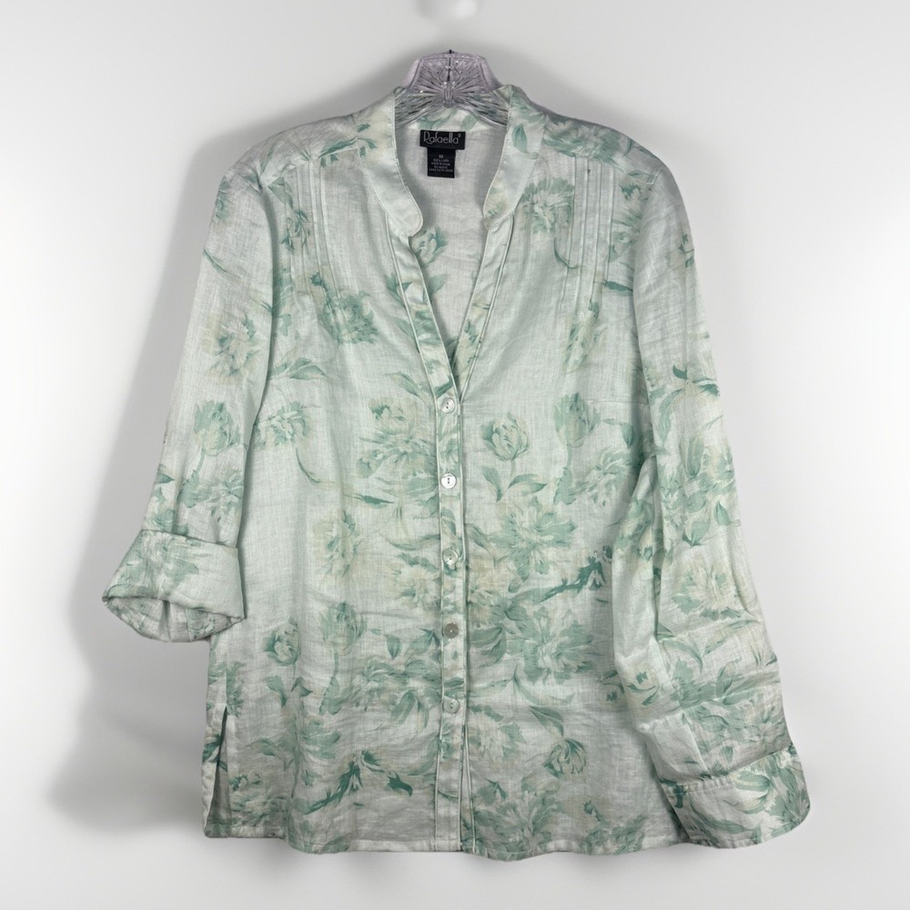 Rafaella Green Linen Floral Button Up Tunic Top Shirt Vacation Resort Womens 10